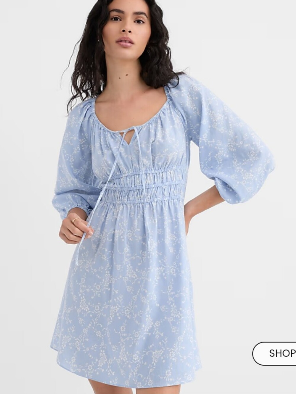 LOFT Bouquet Linen Cotton Smocked Mini Dress - Light Blue